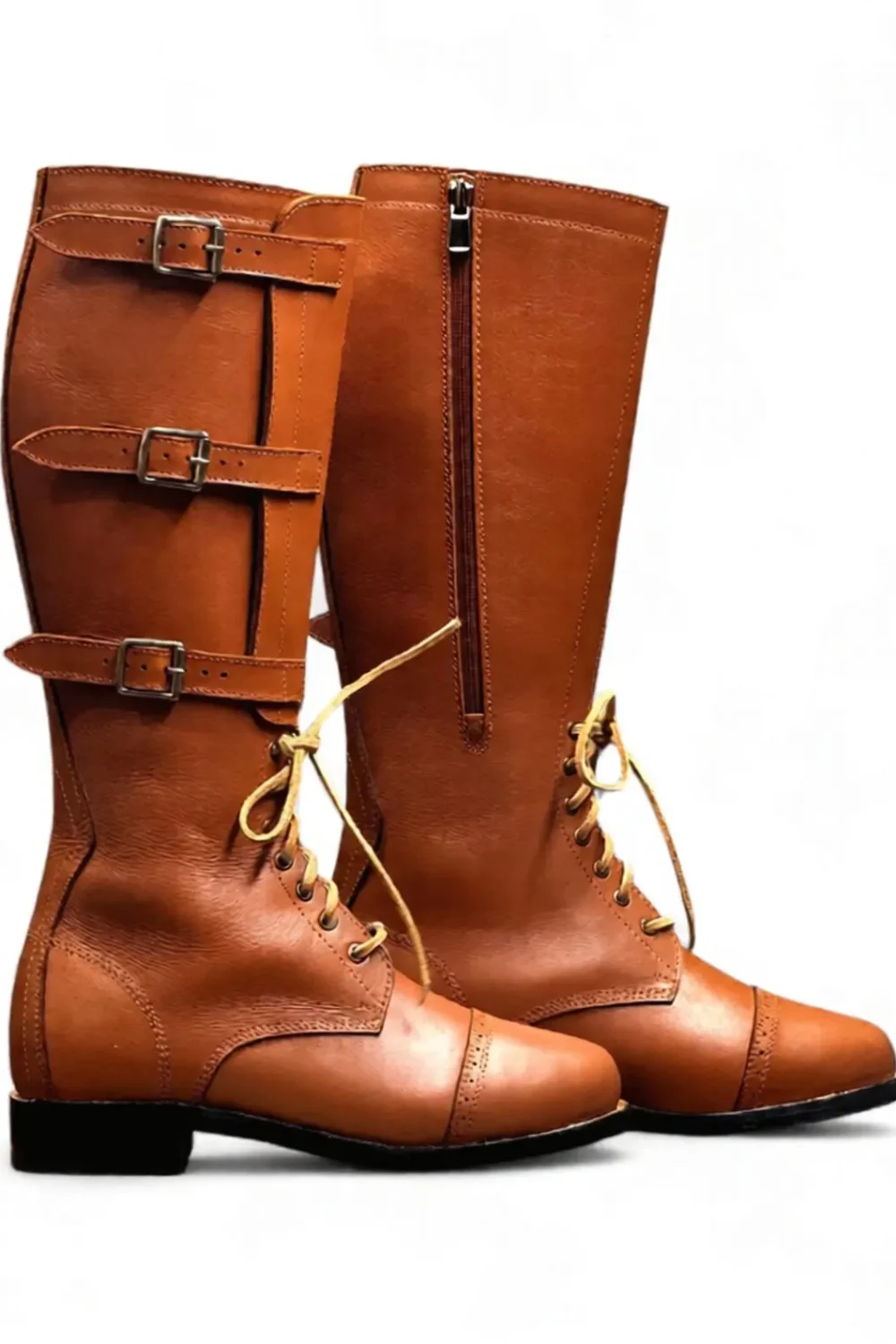Handmade 3 Buckle Tall Leather Boots – Vintage Lace-Up Riding Boots – Long Fashion Boots for Men & Women – Handcrafted Horse Riding Footwear - Image 4