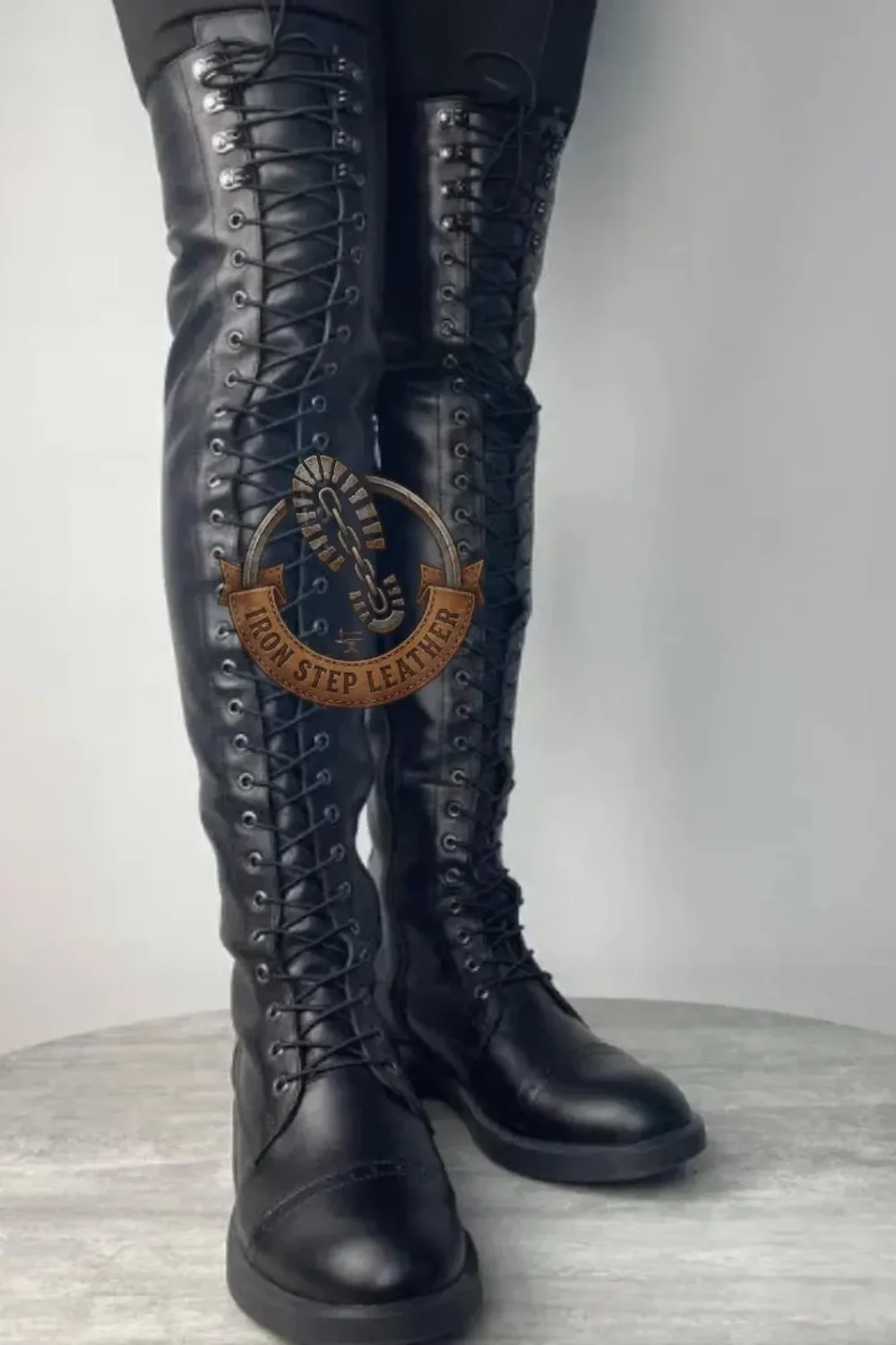 Black Leather Over-the-Knee Lace-Up Boots – Women’s Tall Gothic Riding Fashion Shoes - Image 2