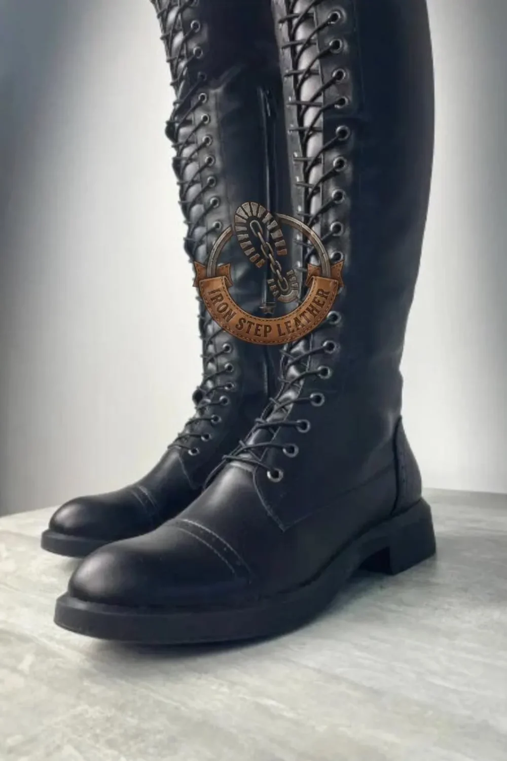 Black Leather Over-the-Knee Lace-Up Boots – Women’s Tall Gothic Riding Fashion Shoes - Image 4