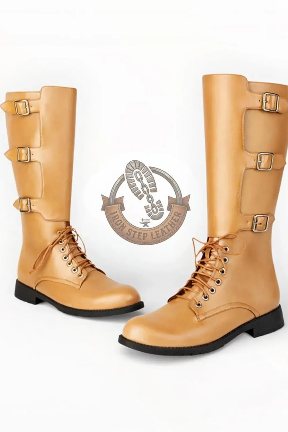 Handmade Leather Knight Boots, Knee-High Medieval Footwear, Triple Buckle Lace-Up Cosplay