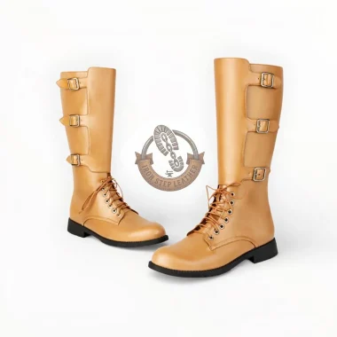 Handmade Leather Knight Boots, Knee-High Medieval Footwear, Triple Buckle Lace-Up Cosplay