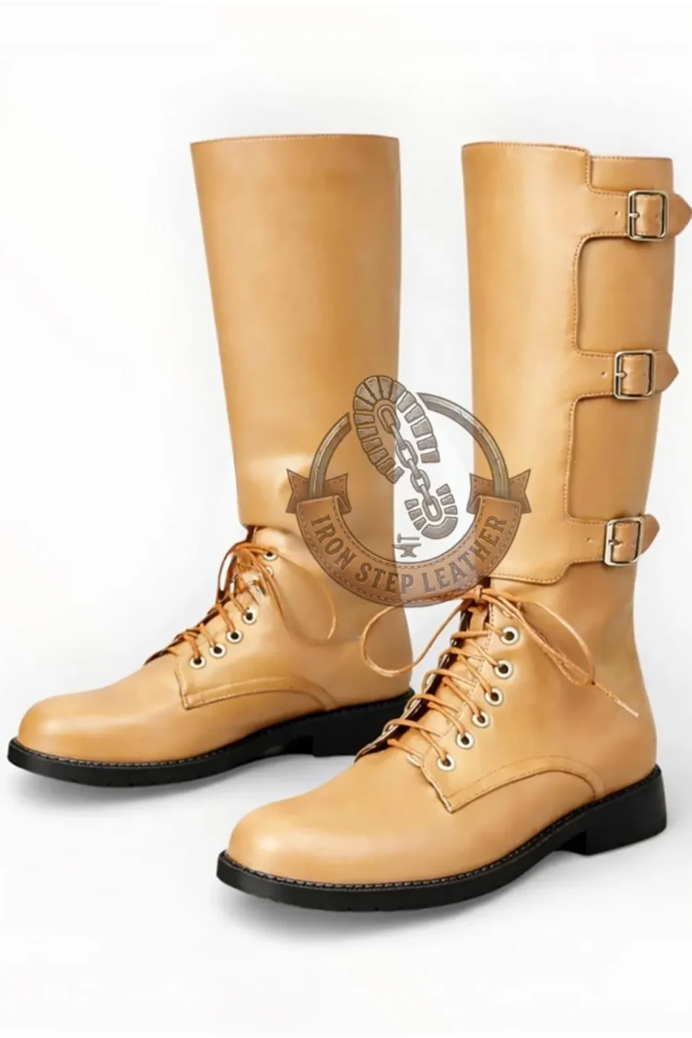 Handmade Leather Knight Boots, Knee-High Medieval Footwear, Triple Buckle Lace-Up Cosplay - Image 2