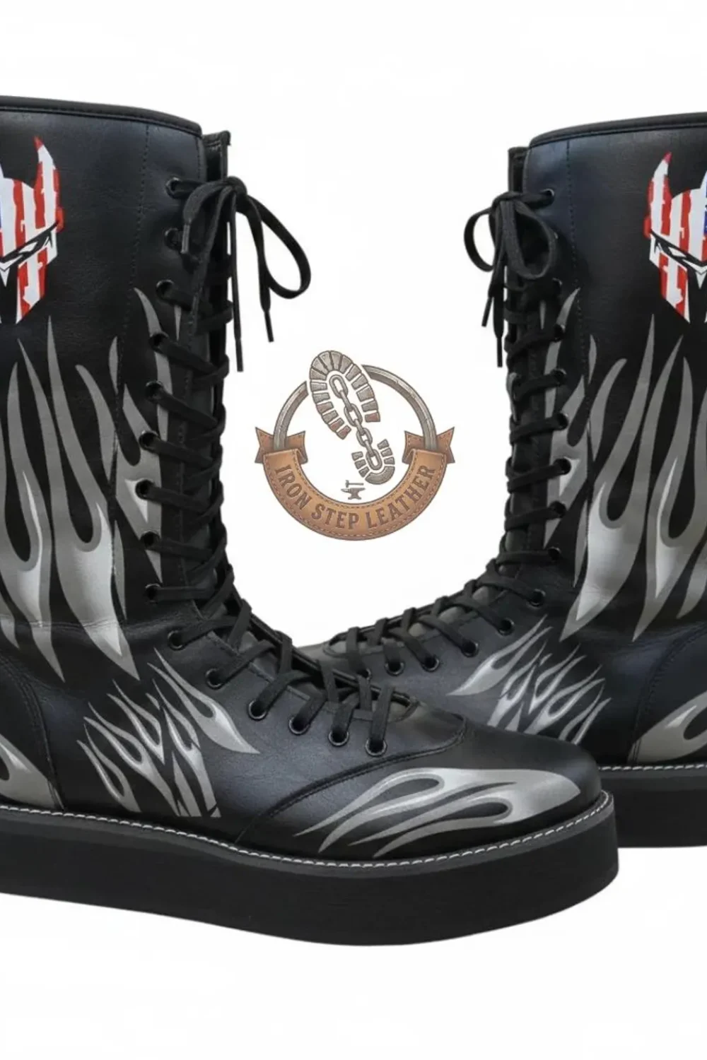 Black Flame Wrestling Boots with Patriotic Mask Design, Custom Lace-Up Ring Boots