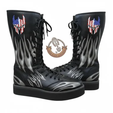 Black Flame Wrestling Boots with Patriotic Mask Design, Custom Lace-Up Ring Boots
