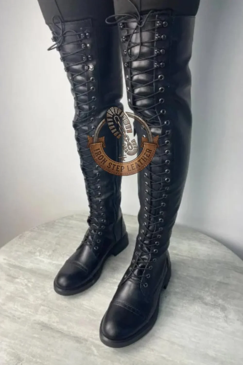 Black Leather Over-the-Knee Lace-Up Boots – Women’s Tall Gothic Riding Fashion Shoes - Image 3