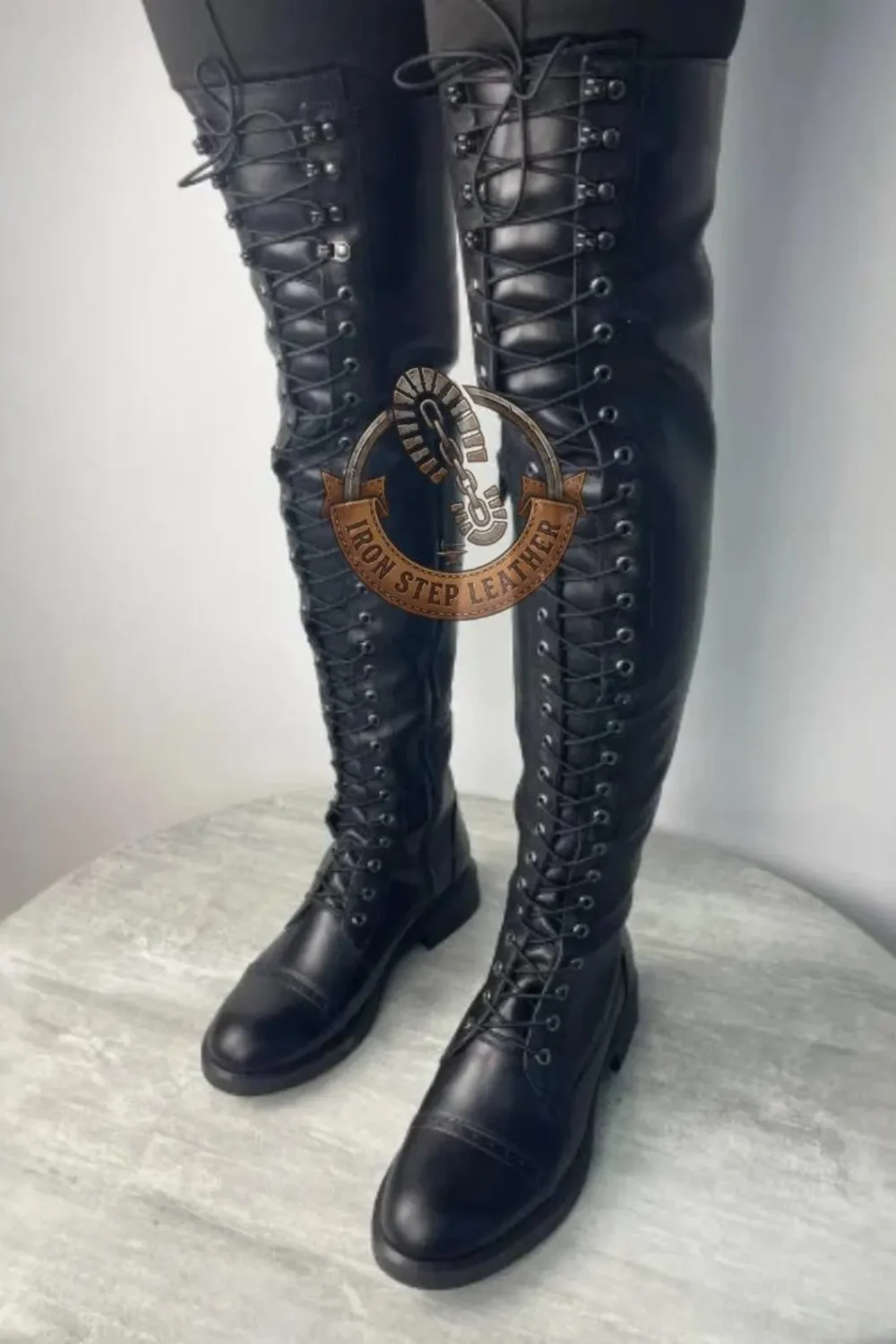 Black Leather Over-the-Knee Lace-Up Boots – Women’s Tall Gothic Riding Fashion Shoes - Image 5