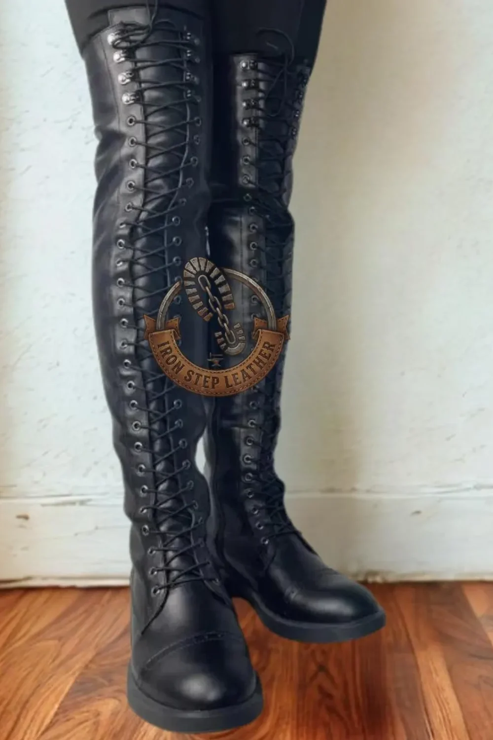 Black Leather Over-the-Knee Lace-Up Boots – Women’s Tall Gothic Riding Fashion Shoes