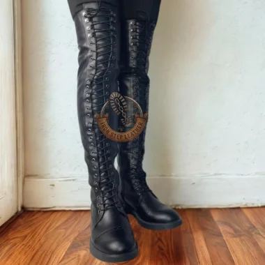 Black Leather Over-the-Knee Lace-Up Boots – Women’s Tall Gothic Riding Fashion Shoes