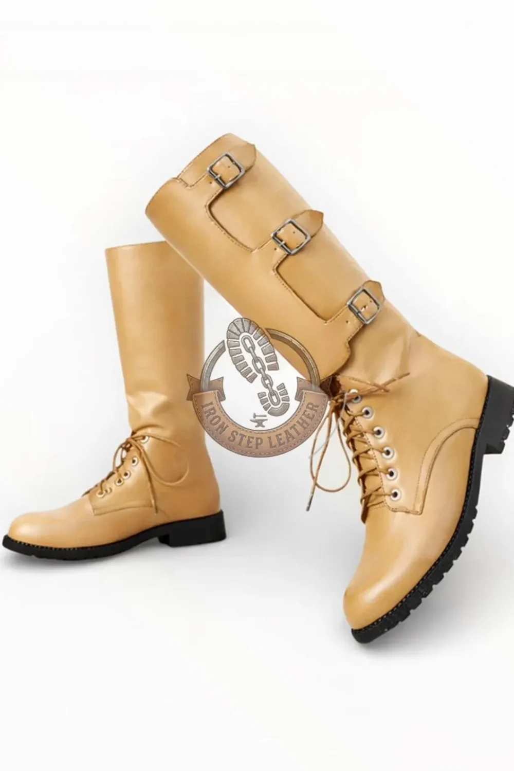 Handmade Leather Knight Boots, Knee-High Medieval Footwear, Triple Buckle Lace-Up Cosplay - Image 5