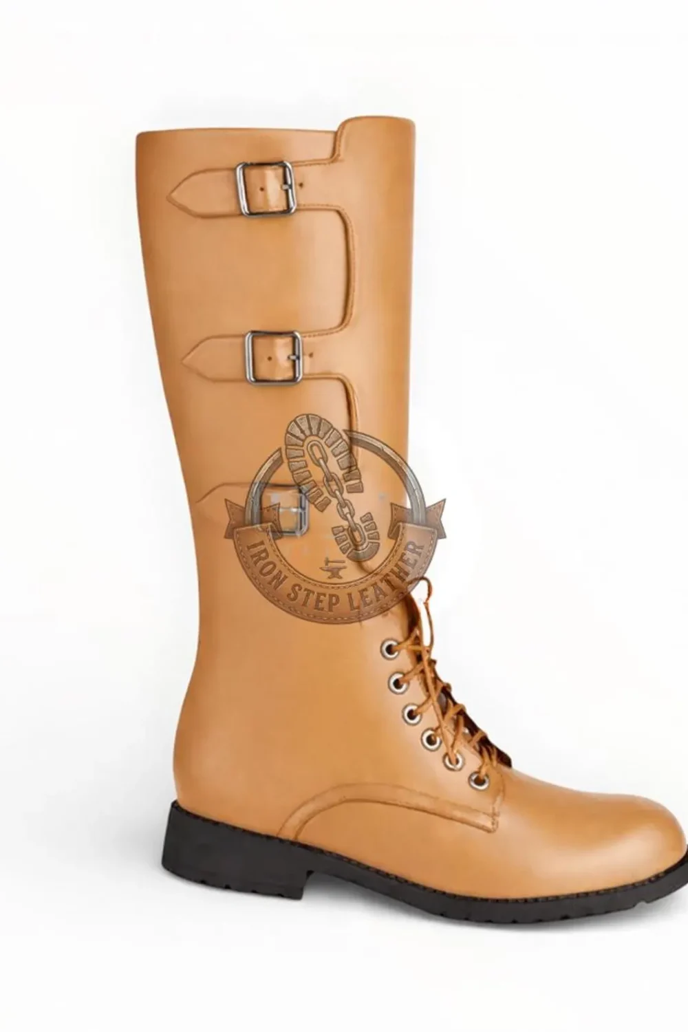 Handmade Leather Knight Boots, Knee-High Medieval Footwear, Triple Buckle Lace-Up Cosplay - Image 6