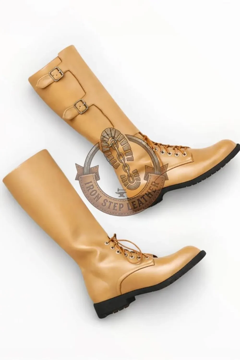 Handmade Leather Knight Boots, Knee-High Medieval Footwear, Triple Buckle Lace-Up Cosplay - Image 4