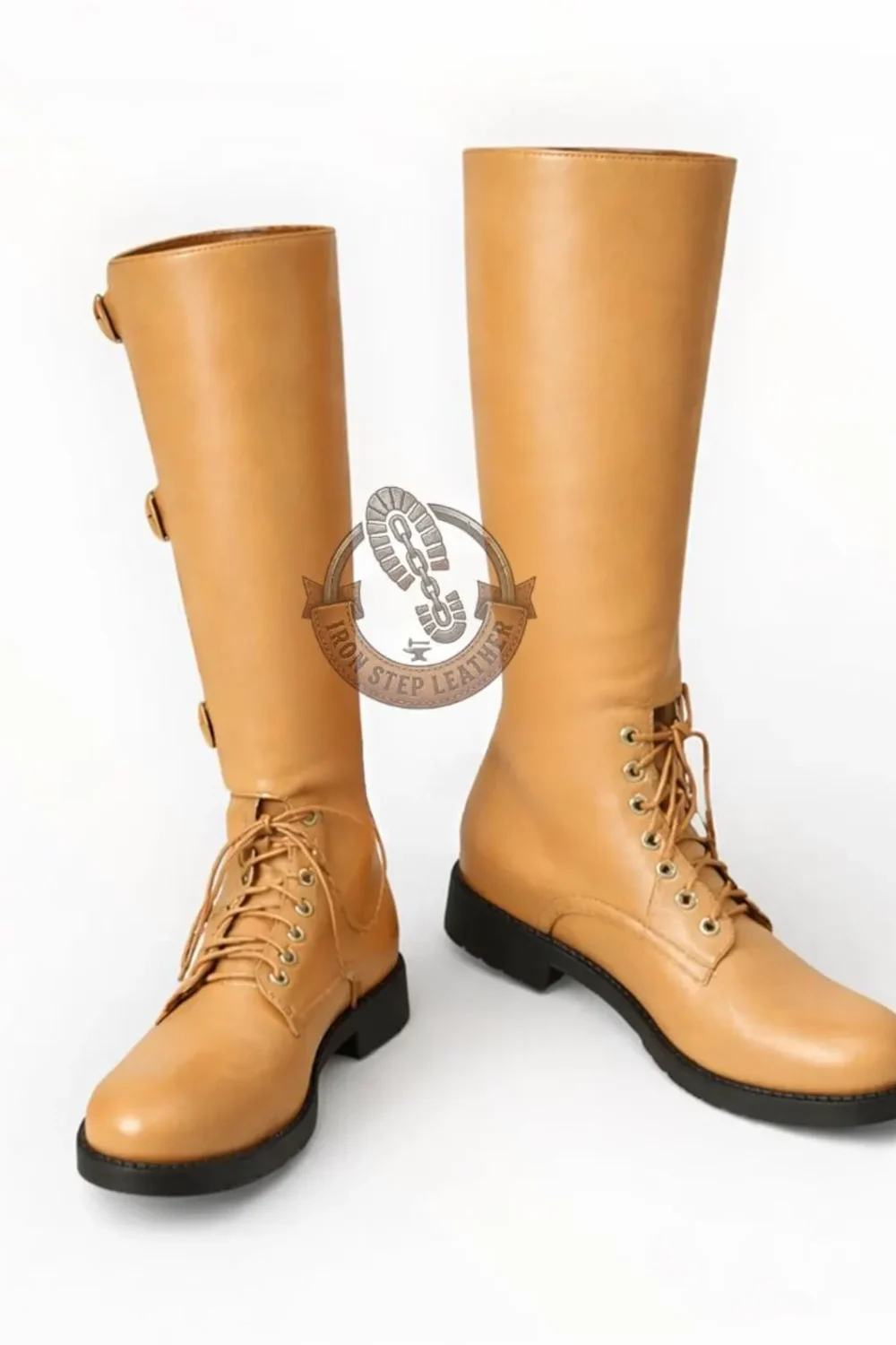 Handmade Leather Knight Boots, Knee-High Medieval Footwear, Triple Buckle Lace-Up Cosplay - Image 3