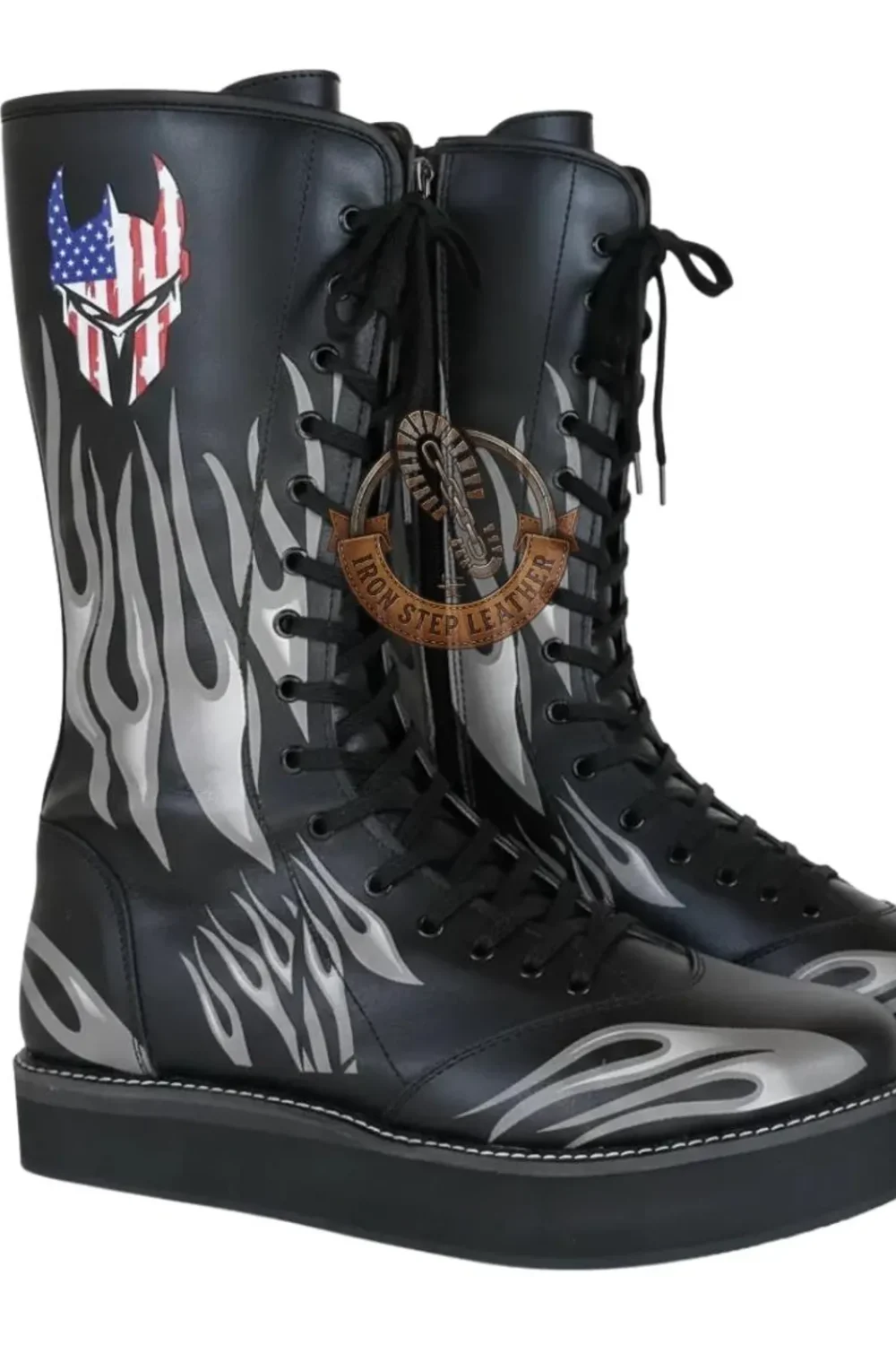 Black Flame Wrestling Boots with Patriotic Mask Design, Custom Lace-Up Ring Boots - Image 2