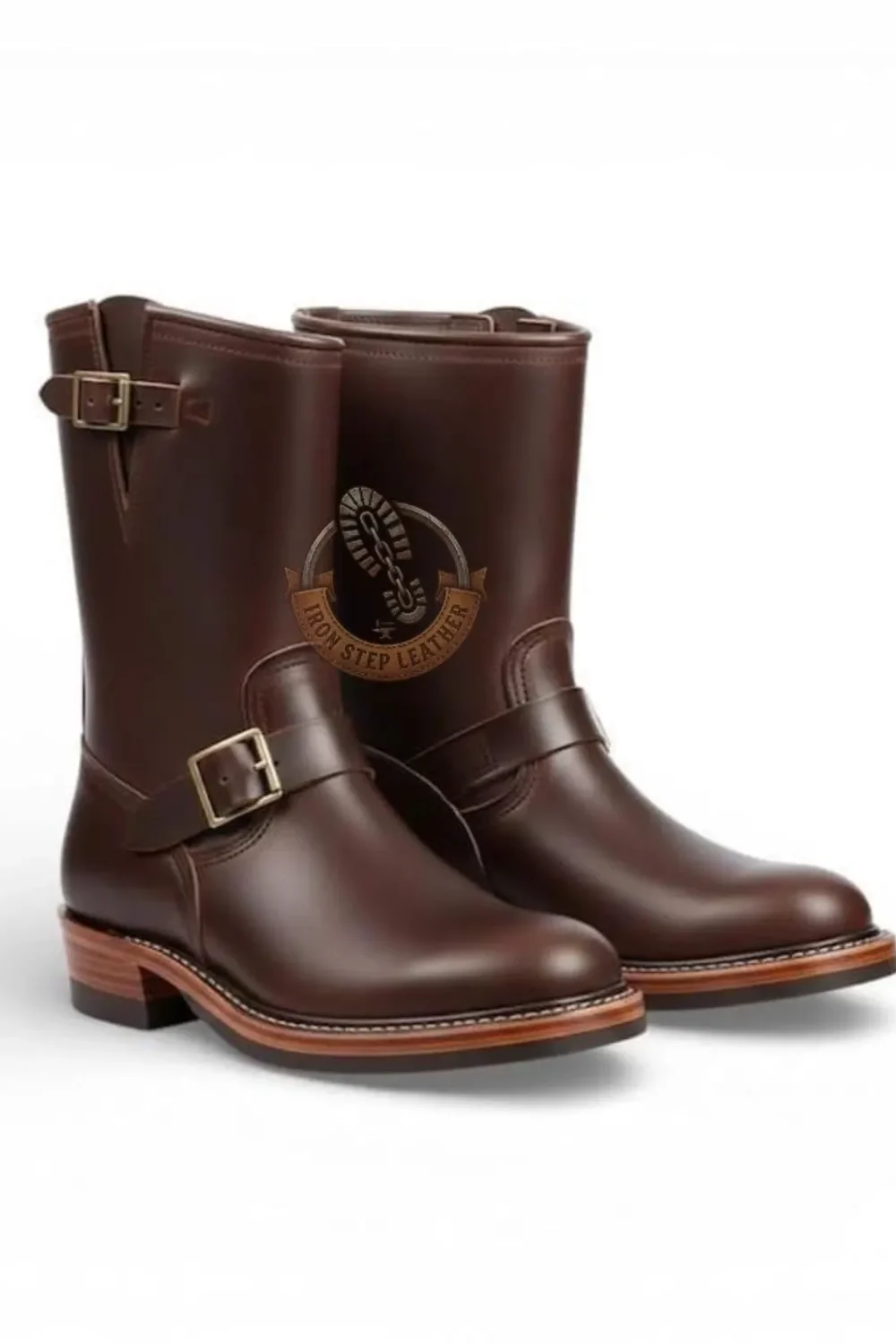 Handmade Brown Leather Engineer Boots – Men's Vintage Motorcycle Biker Mid Calf