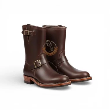 Handmade Brown Leather Engineer Boots – Men's Vintage Motorcycle Biker Mid Calf