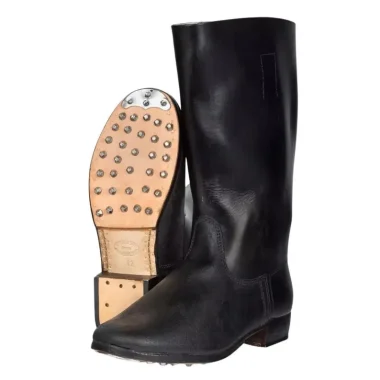 Black Leather Tall Marching Boots, WWI Era Hobnail Sole, Historical Reenactment Footwear