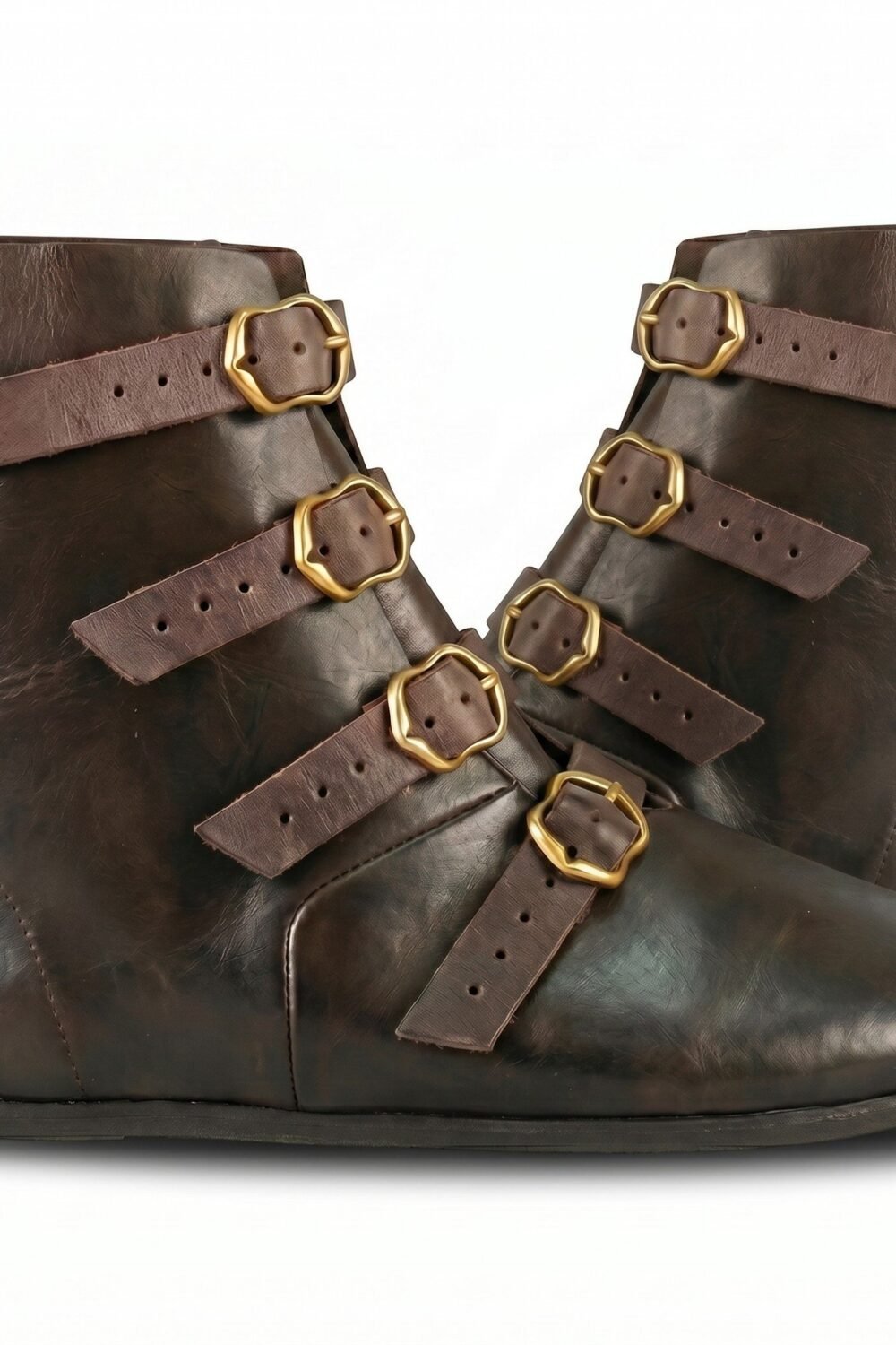 Handmade 4-Buckle Medieval Leather Boots | Vintage LARP Reenactment Shoes - Image 2