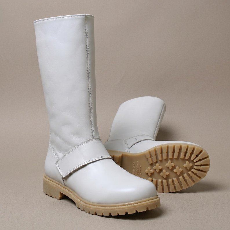 Biker Scout Boots White Leather Scout Trooper Shoes Men's Star Wars Cosplay Footwear Movie Accurate Prop Costume Tall Combat Boot