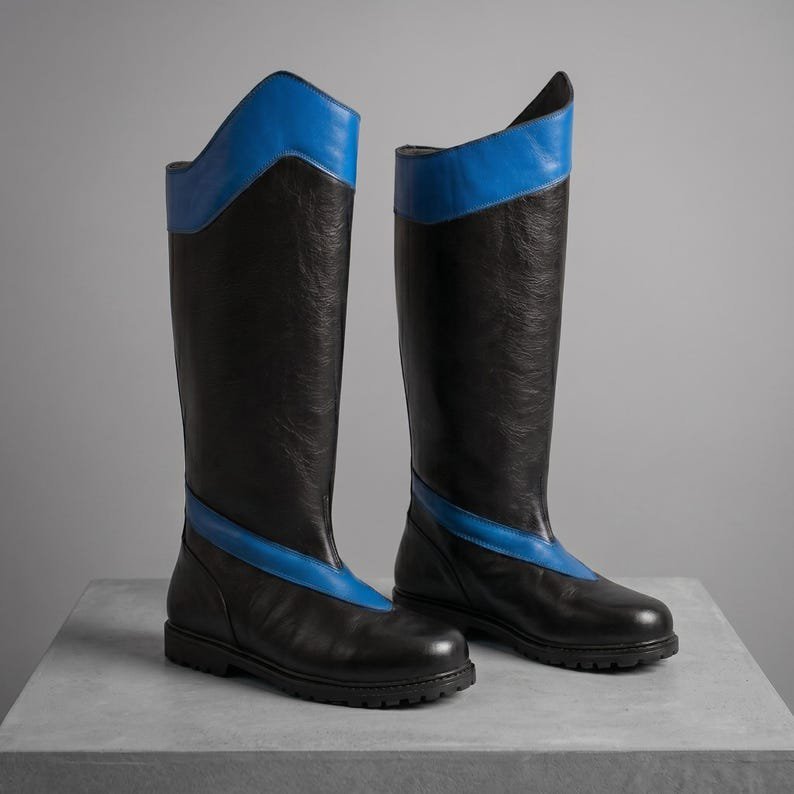 Nightwing Cosplay Boots: Black Blue Leather Tall Combat Replica - Image 2