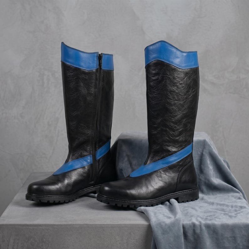 Nightwing Cosplay Boots: Black Blue Leather Tall Combat Replica