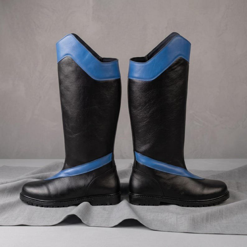 Nightwing Cosplay Boots: Black Blue Leather Tall Combat Replica - Image 4