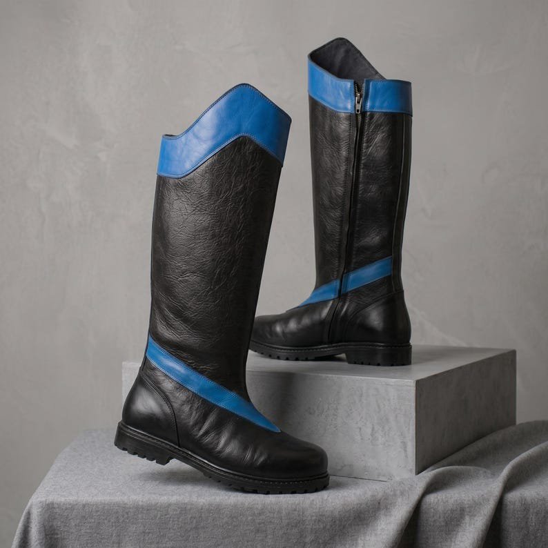 Nightwing Cosplay Boots: Black Blue Leather Tall Combat Replica - Image 3