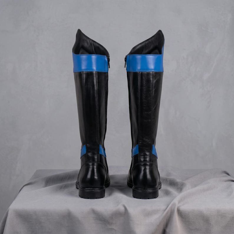 Nightwing Cosplay Boots: Black Blue Leather Tall Combat Replica - Image 5