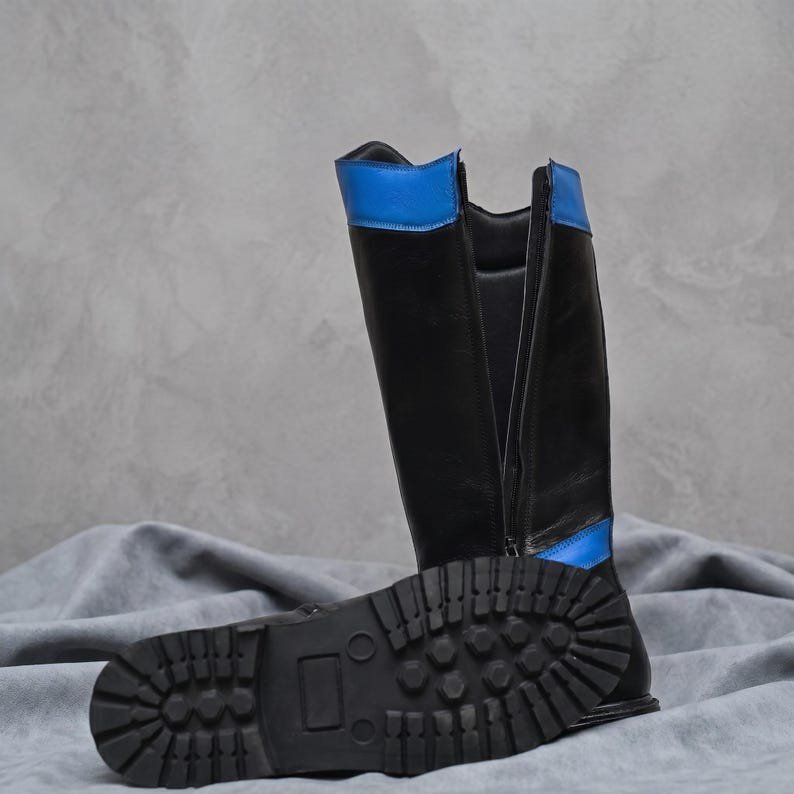 Nightwing Cosplay Boots: Black Blue Leather Tall Combat Replica - Image 6