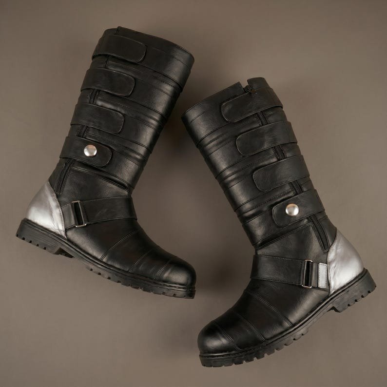 Starkiller Cosplay Boots: Black Leather Strappy Combat Footwear with Silver Hardware - Image 2