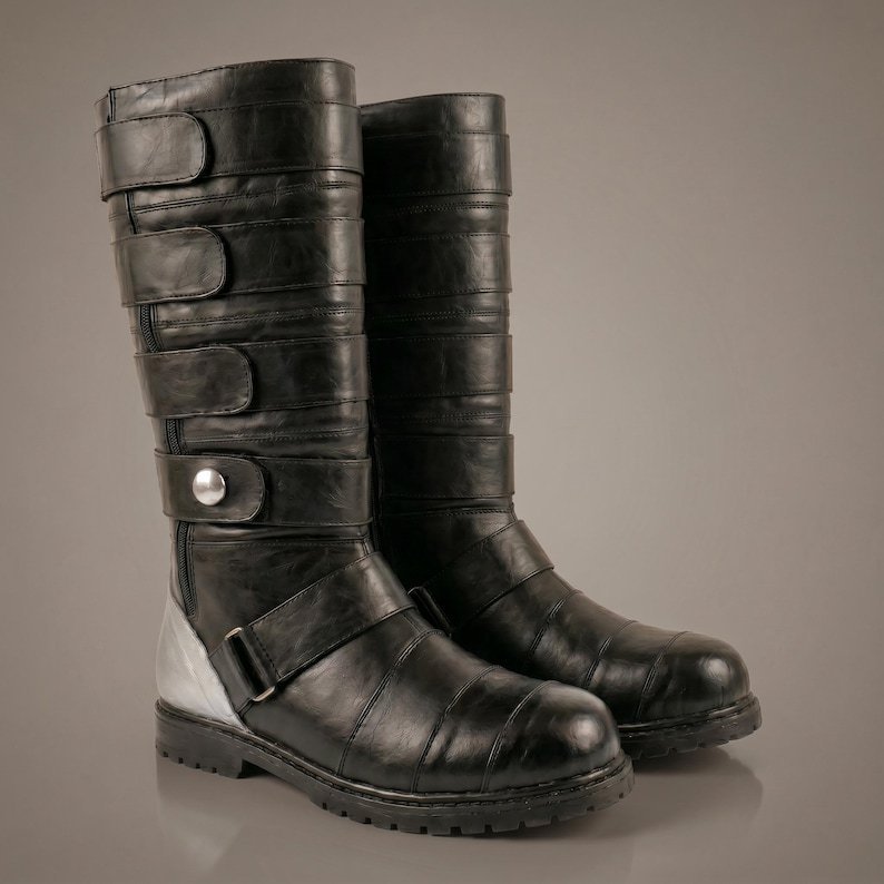 Starkiller Cosplay Boots: Black Leather Strappy Combat Footwear with Silver Hardware - Image 7