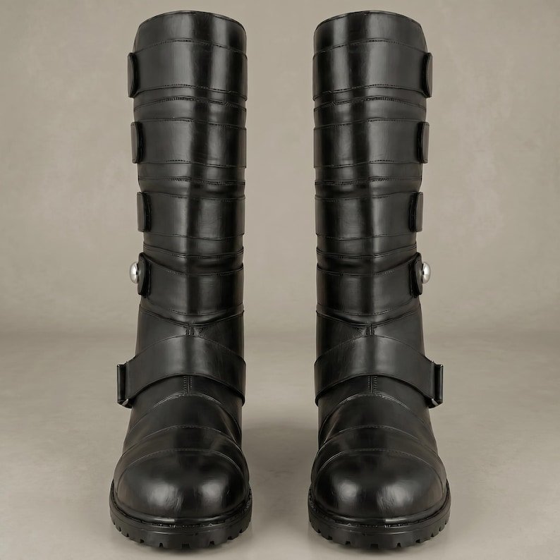 Starkiller Cosplay Boots: Black Leather Strappy Combat Footwear with Silver Hardware - Image 3