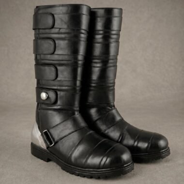 Starkiller Cosplay Boots: Black Leather Strappy Combat Footwear with Silver Hardware