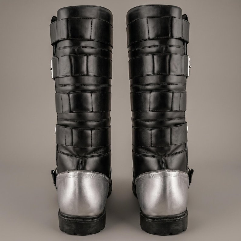 Starkiller Cosplay Boots: Black Leather Strappy Combat Footwear with Silver Hardware - Image 4