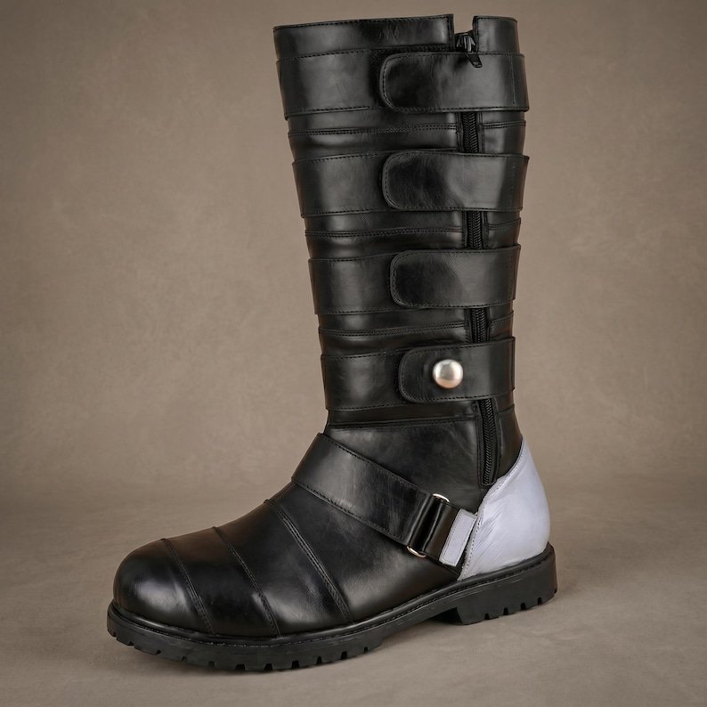 Starkiller Cosplay Boots: Black Leather Strappy Combat Footwear with Silver Hardware - Image 6