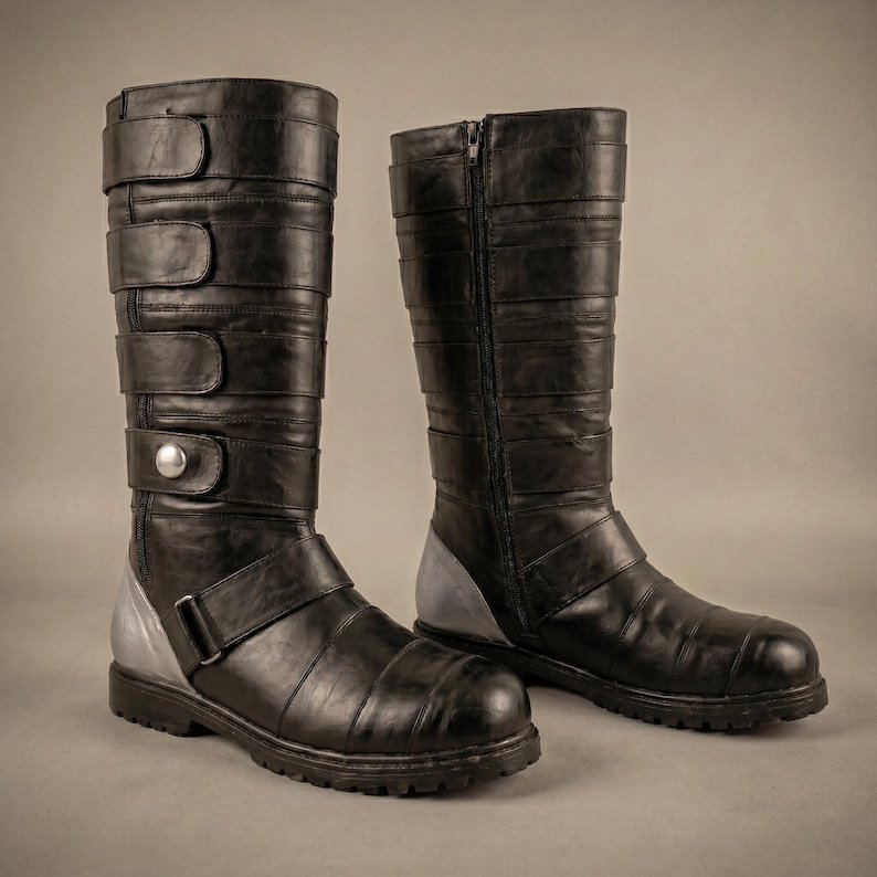 Starkiller Cosplay Boots: Black Leather Strappy Combat Footwear with Silver Hardware - Image 5