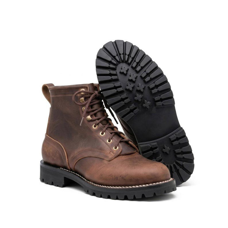 Handmade Men Brown Leather Lug Sole Boots Rugged Work Combat Lace Up Boots - Image 2