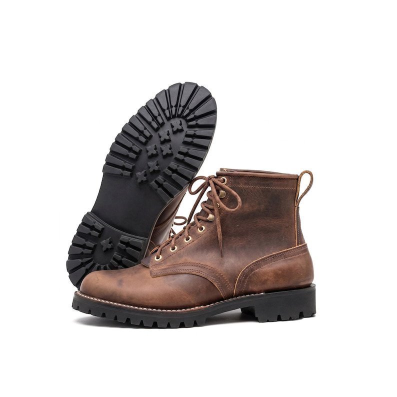 Handmade Men Brown Leather Lug Sole Boots Rugged Work Combat Lace Up Boots - Image 3