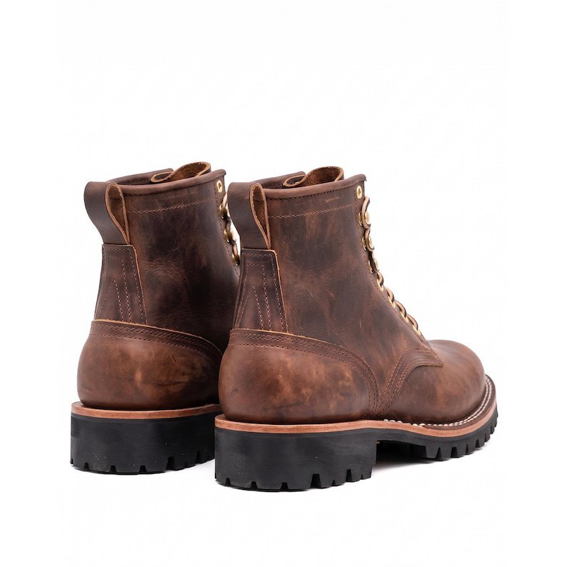 Handmade Men Brown Leather Lug Sole Boots Rugged Work Combat Lace Up Boots - Image 4