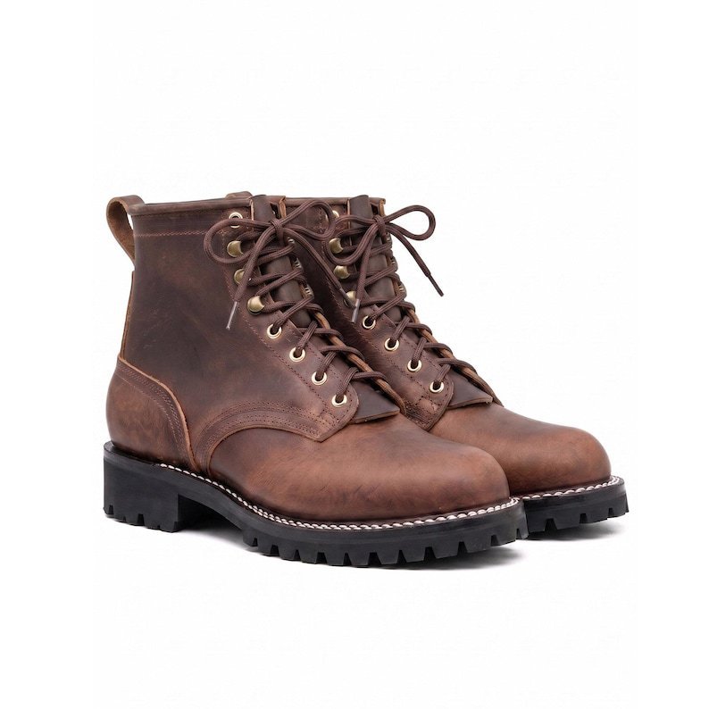 Handmade Men Brown Leather Lug Sole Boots Rugged Work Combat Lace Up Boots