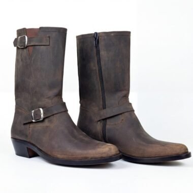 Handmade Brown Distressed Leather Engineer Boots Side Zip