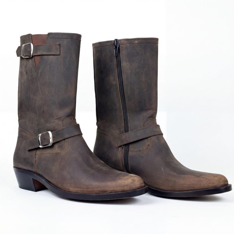 Handmade Brown Distressed Leather Engineer Boots Side Zip