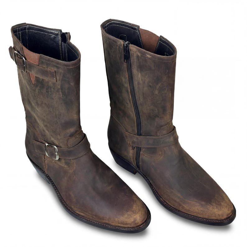 Handmade Brown Distressed Leather Engineer Boots Side Zip - Image 3