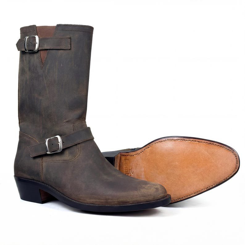 Handmade Brown Distressed Leather Engineer Boots Side Zip - Image 5