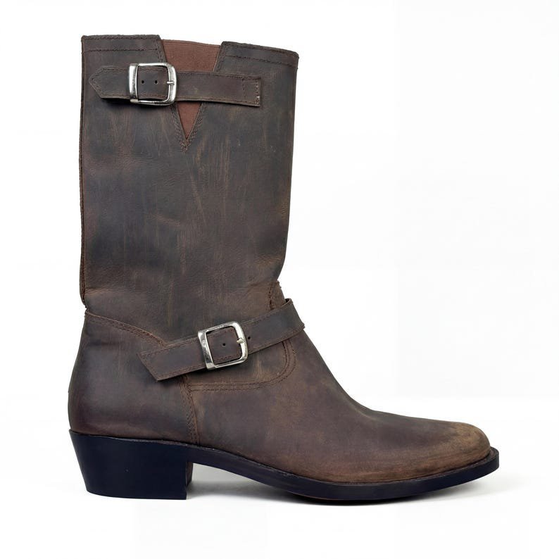 Handmade Brown Distressed Leather Engineer Boots Side Zip - Image 4