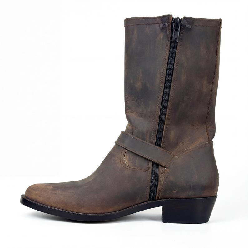 Handmade Brown Distressed Leather Engineer Boots Side Zip - Image 2