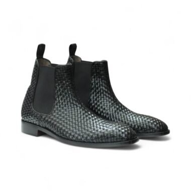 Handmade Full Grain Woven Leather Chelsea Boots | Classic Ankle Boot | Men Boot | New Men Dress and casual Black Boots | Full Grain Leather