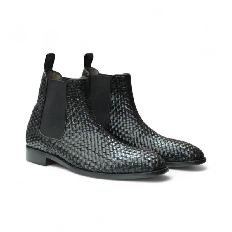 Handmade Full Grain Woven Leather Chelsea Boots | Classic Ankle Boot | Men Boot | New Men Dress and casual Black Boots | Full Grain Leather
