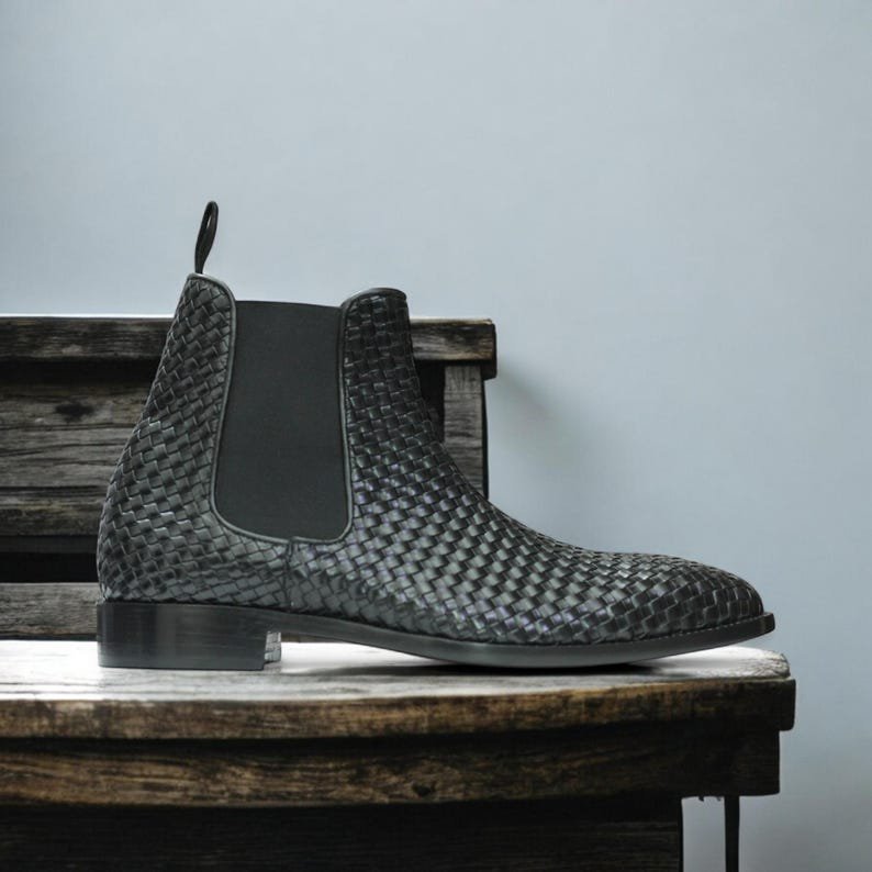 Handmade Full Grain Woven Leather Chelsea Boots | Classic Ankle Boot | Men Boot | New Men Dress and casual Black Boots | Full Grain Leather - Image 5