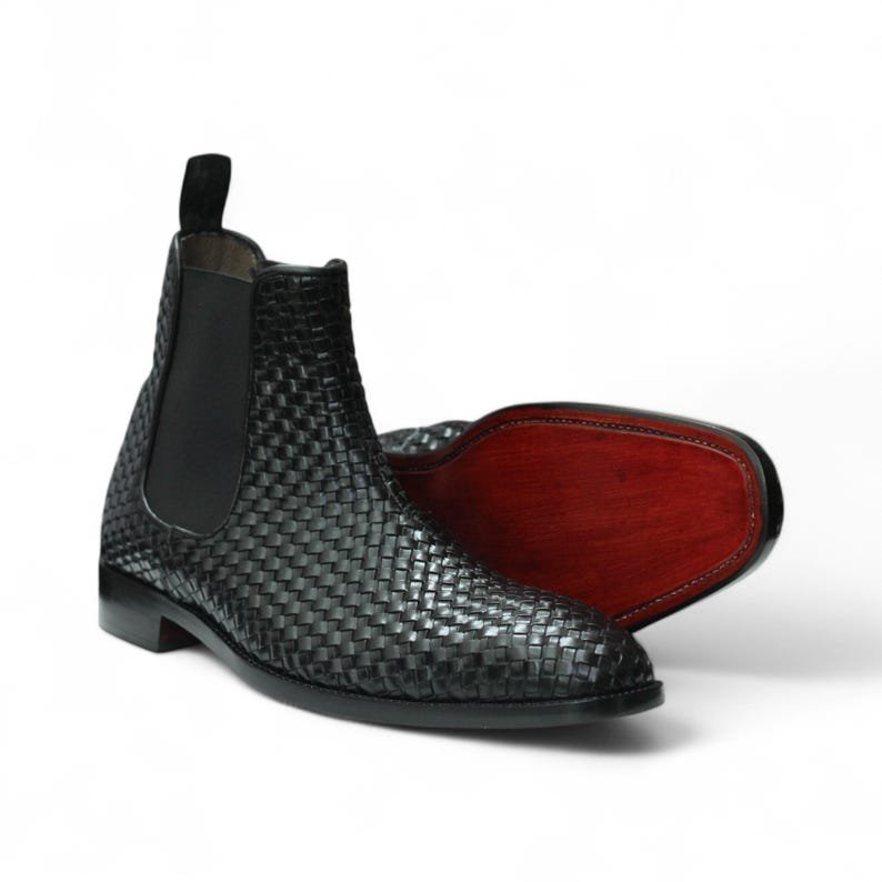 Handmade Full Grain Woven Leather Chelsea Boots | Classic Ankle Boot | Men Boot | New Men Dress and casual Black Boots | Full Grain Leather - Image 2