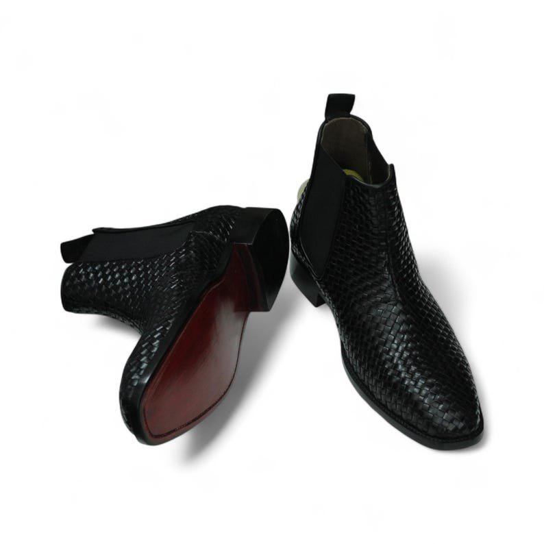 Handmade Full Grain Woven Leather Chelsea Boots | Classic Ankle Boot | Men Boot | New Men Dress and casual Black Boots | Full Grain Leather - Image 7